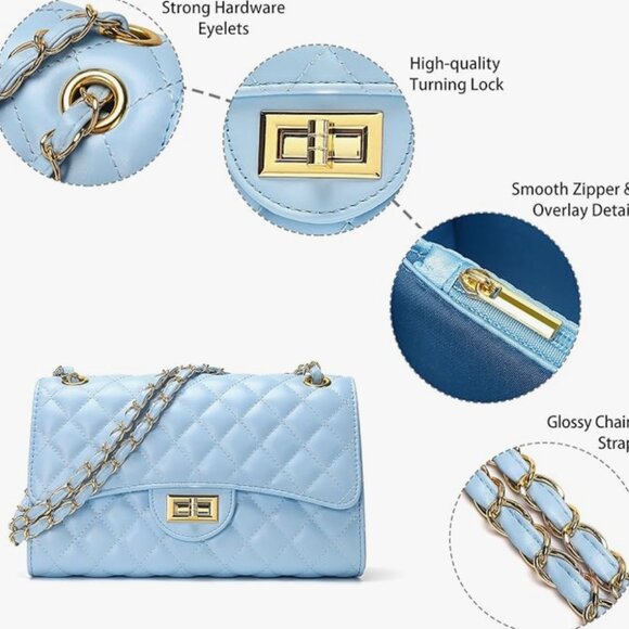 Quilted Light Blue Mini Crossbody Bag – Gold Chain Flap, Designer-Inspired - Picture 6 of 7